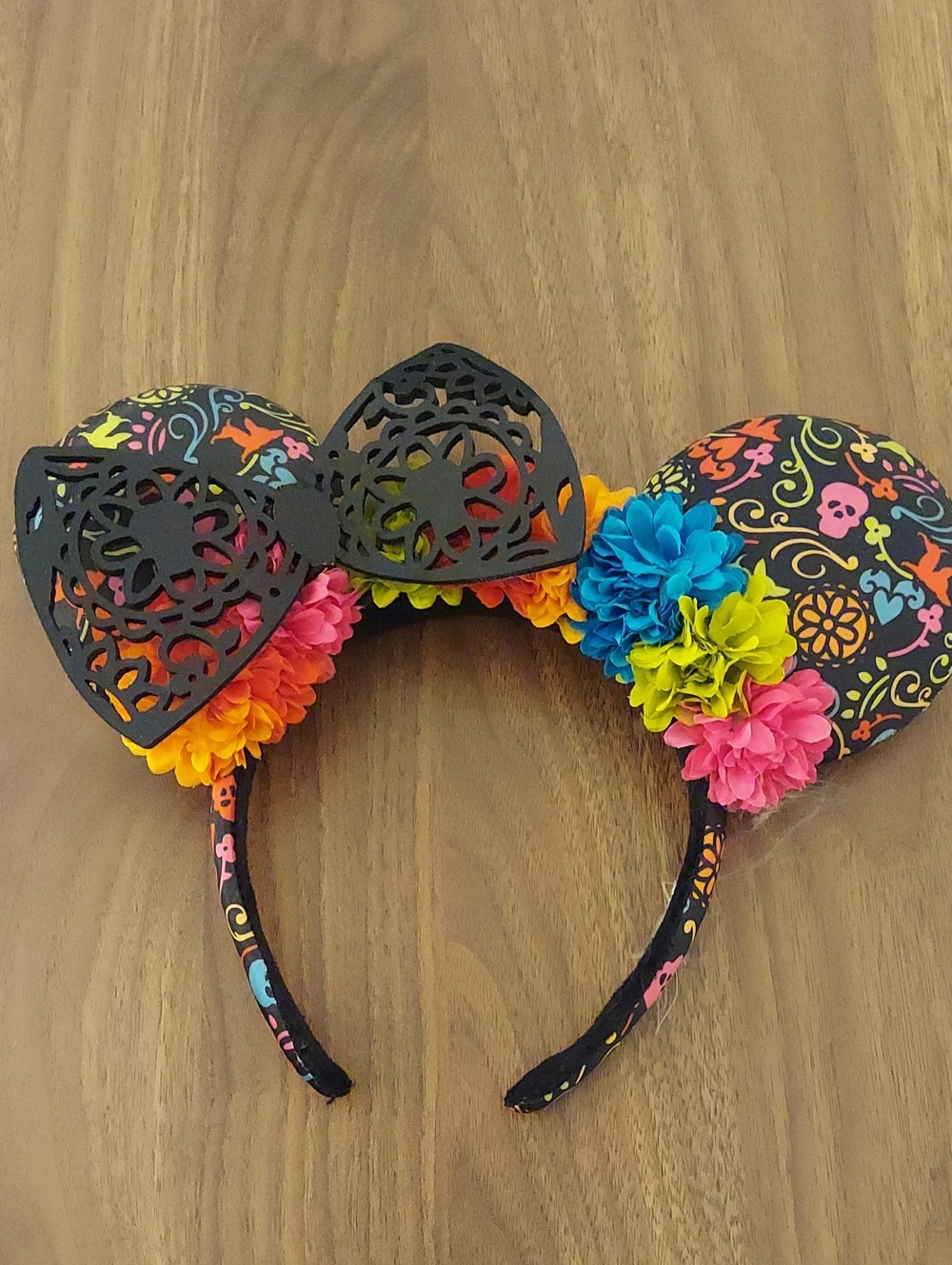 Disney Day of the Dead Floral Minnie Ears Headband - Black with Neon Flowers